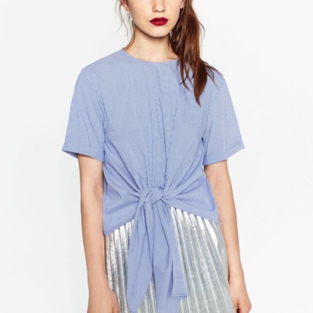 Zara blue & white stripe tie poplin top blouse
